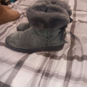 Lamo Gray Suede Shearling Cuff Ankle Boots